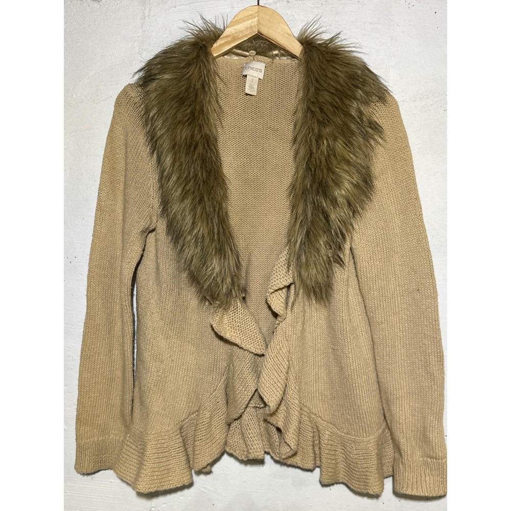 Chicos Womens Faux Fur Collar Ruffle Hem Cardigan Sweater Size 1 Tan Cotton Knit
